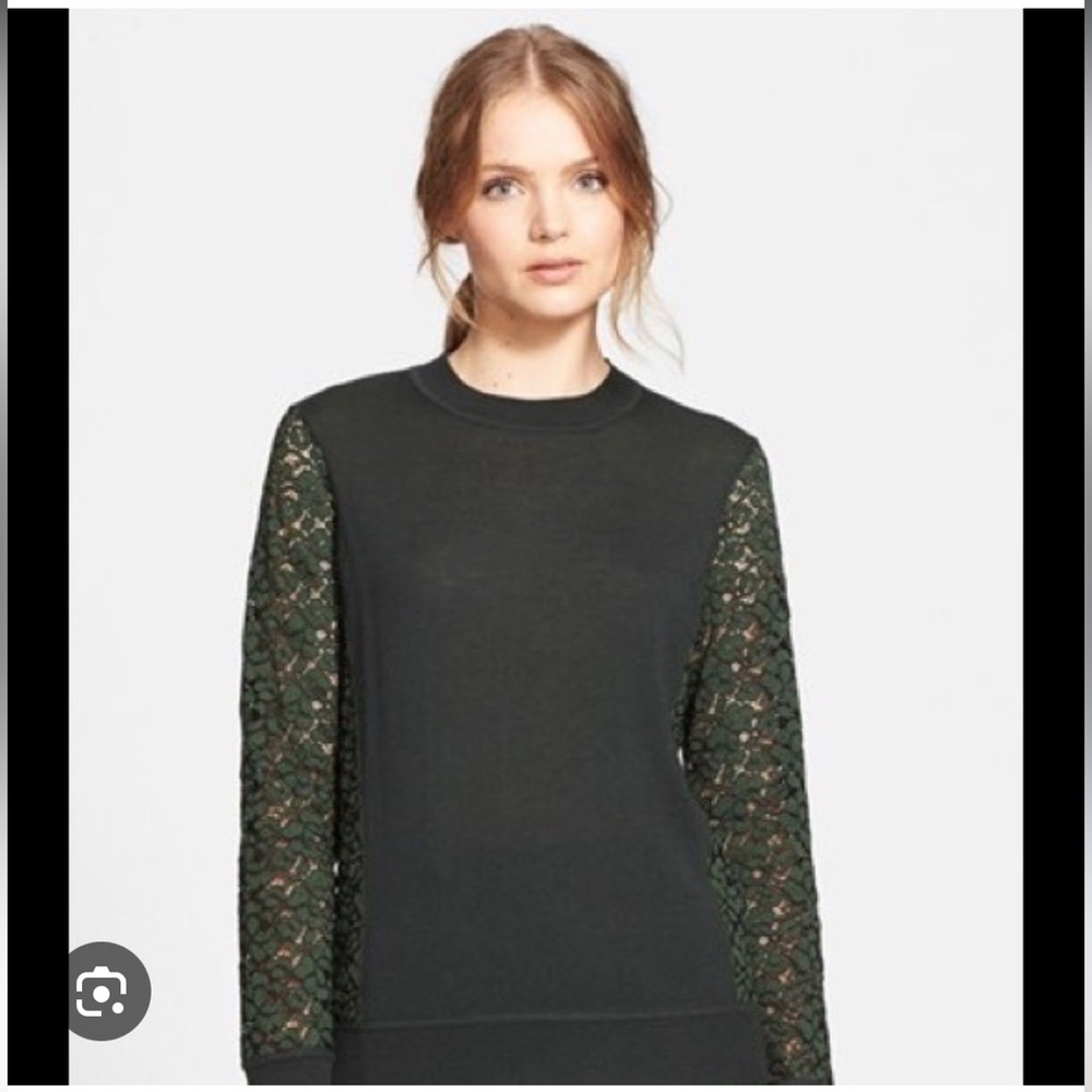 Tory Burch Dark Green Kammy Sweater Merino Wool Lace Sleeves Size Small